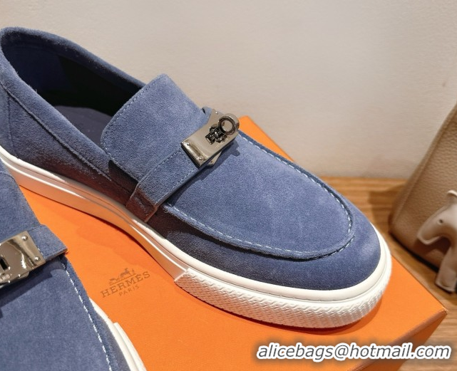 Buy Luxury Hermes Game Suede Slip-on Sneakers with Kelly Buckle Blue 2025 H082007 0820068