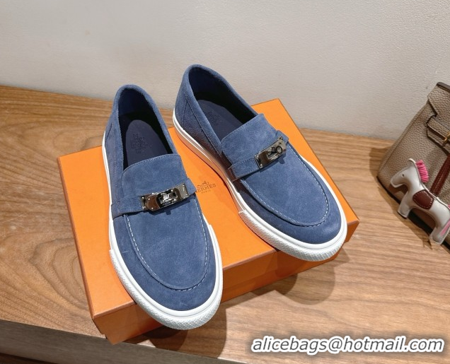 Buy Luxury Hermes Game Suede Slip-on Sneakers with Kelly Buckle Blue 2025 H082007 0820068