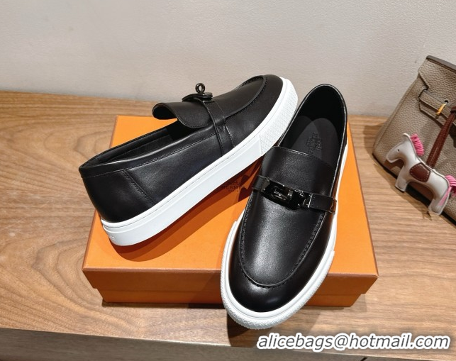 Good Product Hermes Game Smooth Calfskin Slip-on Sneakers with Kelly Buckle Black 2025 H082007 0820066