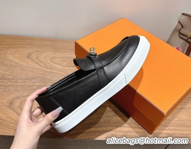 Big Discount Hermes Game Grained Calfskin Slip-on Sneakers with Kelly Buckle Black 2025 H082007 0820063