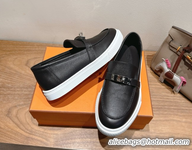 Big Discount Hermes Game Grained Calfskin Slip-on Sneakers with Kelly Buckle Black 2025 H082007 0820063