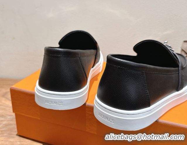 Big Discount Hermes Game Grained Calfskin Slip-on Sneakers with Kelly Buckle Black 2025 H082007 0820063