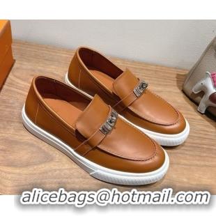 Super Quality Hermes Game Smooth Calfskin Slip-on Sneakers with Kelly Buckle Brown 2025 H082007 0820065