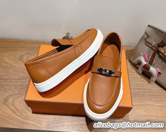 Super Quality Hermes Game Smooth Calfskin Slip-on Sneakers with Kelly Buckle Brown 2025 H082007 0820065