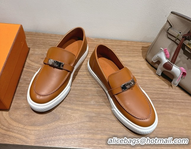 Super Quality Hermes Game Smooth Calfskin Slip-on Sneakers with Kelly Buckle Brown 2025 H082007 0820065