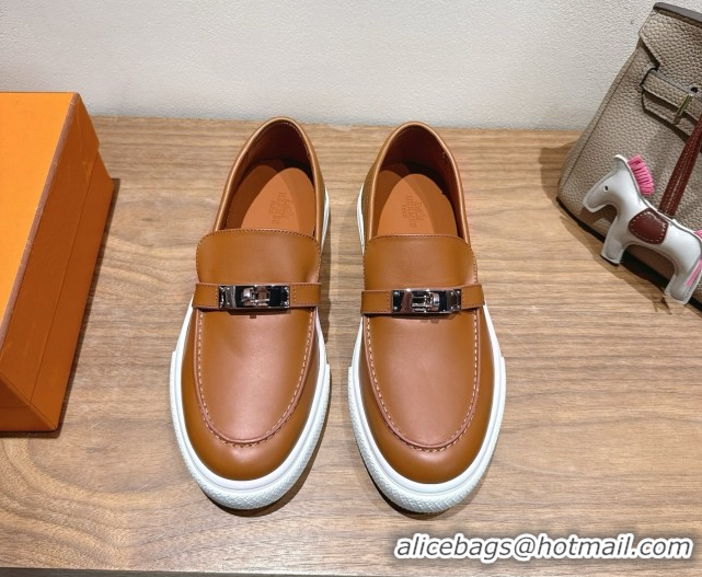 Super Quality Hermes Game Smooth Calfskin Slip-on Sneakers with Kelly Buckle Brown 2025 H082007 0820065