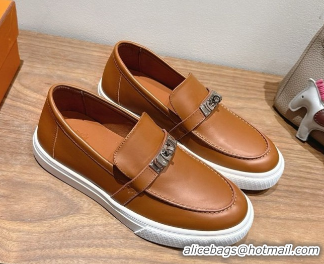 Super Quality Hermes Game Smooth Calfskin Slip-on Sneakers with Kelly Buckle Brown 2025 H082007 0820065