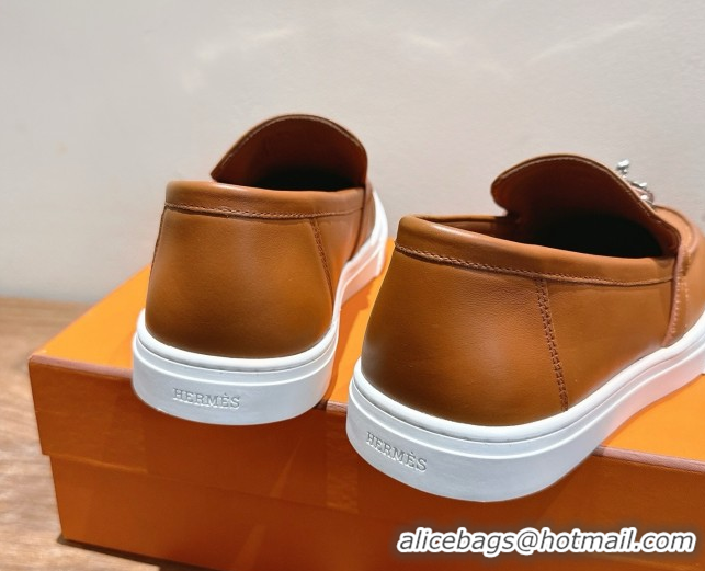 Super Quality Hermes Game Smooth Calfskin Slip-on Sneakers with Kelly Buckle Brown 2025 H082007 0820065