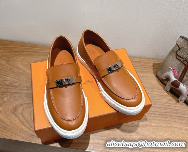 Super Quality Hermes Game Smooth Calfskin Slip-on Sneakers with Kelly Buckle Brown 2025 H082007 0820065