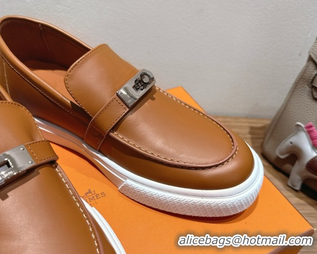 Super Quality Hermes Game Smooth Calfskin Slip-on Sneakers with Kelly Buckle Brown 2025 H082007 0820065