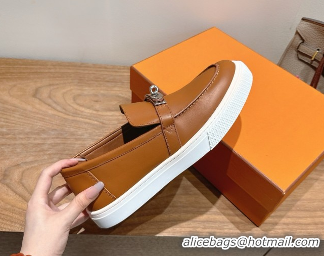 Super Quality Hermes Game Smooth Calfskin Slip-on Sneakers with Kelly Buckle Brown 2025 H082007 0820065