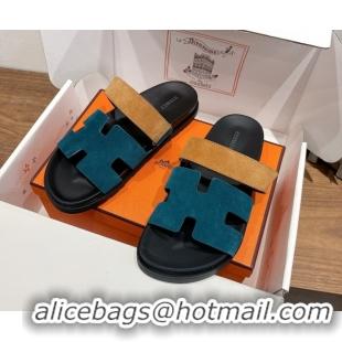 Cheap Design Hermes Chypre Slide Sandals in Suede Blue/Brown 2025 H082008 0820069