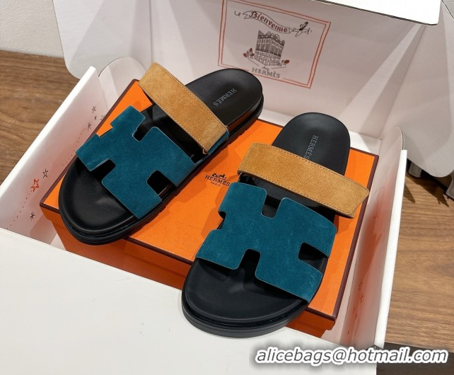 Cheap Design Hermes Chypre Slide Sandals in Suede Blue/Brown 2025 H082008 0820069