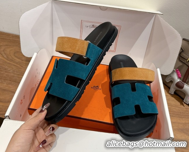 Cheap Design Hermes Chypre Slide Sandals in Suede Blue/Brown 2025 H082008 0820069