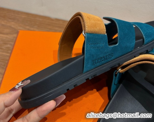 Cheap Design Hermes Chypre Slide Sandals in Suede Blue/Brown 2025 H082008 0820069