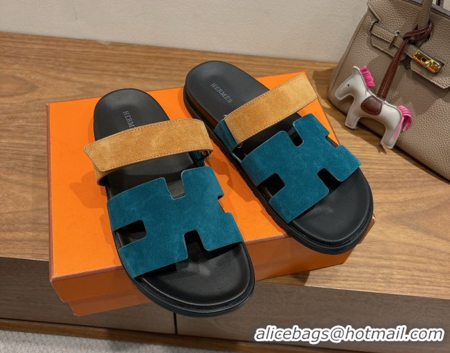 Cheap Design Hermes Chypre Slide Sandals in Suede Blue/Brown 2025 H082008 0820069