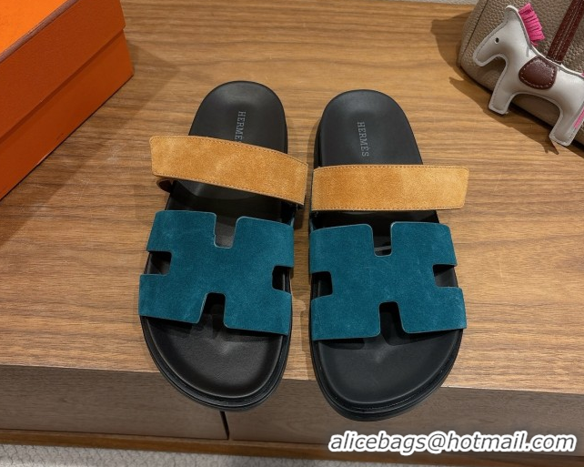 Cheap Design Hermes Chypre Slide Sandals in Suede Blue/Brown 2025 H082008 0820069