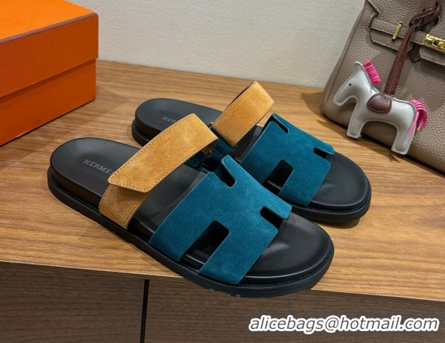 Cheap Design Hermes Chypre Slide Sandals in Suede Blue/Brown 2025 H082008 0820069