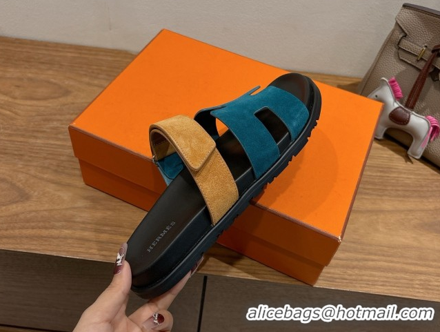 Cheap Design Hermes Chypre Slide Sandals in Suede Blue/Brown 2025 H082008 0820069