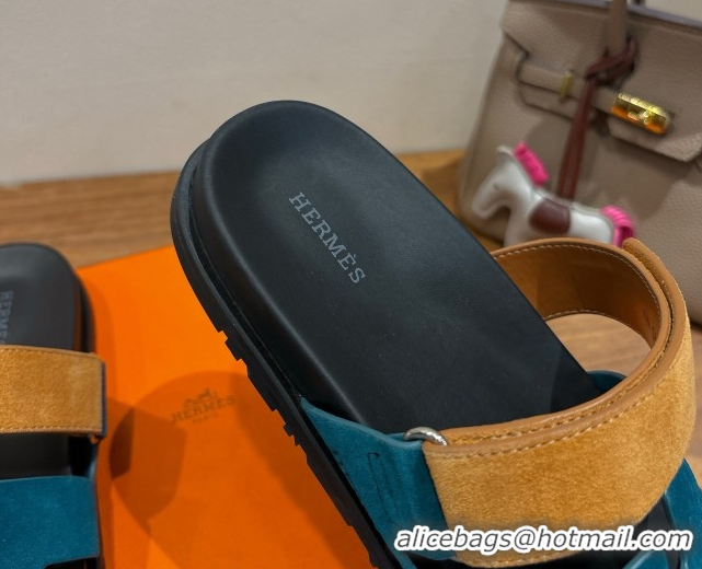 Cheap Design Hermes Chypre Slide Sandals in Suede Blue/Brown 2025 H082008 0820069
