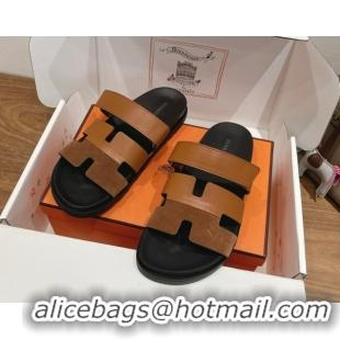 Best Quality Hermes Chypre Slide Sandals in Calfskin and Suede Dark/Brown H082008 0820070
