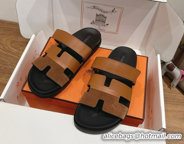 Best Quality Hermes Chypre Slide Sandals in Calfskin and Suede Dark/Brown H082008 0820070