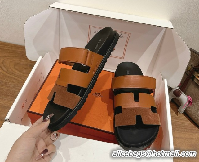 Best Quality Hermes Chypre Slide Sandals in Calfskin and Suede Dark/Brown H082008 0820070