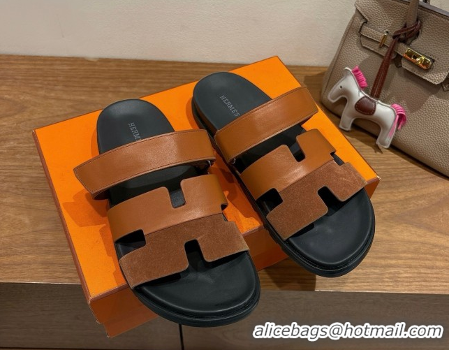 Best Quality Hermes Chypre Slide Sandals in Calfskin and Suede Dark/Brown H082008 0820070