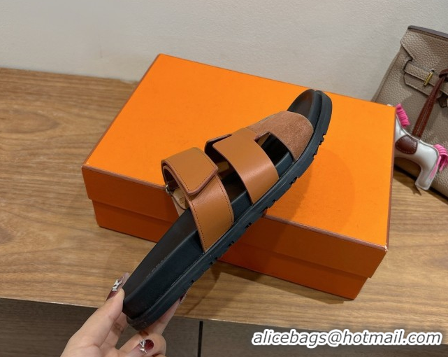 Best Quality Hermes Chypre Slide Sandals in Calfskin and Suede Dark/Brown H082008 0820070