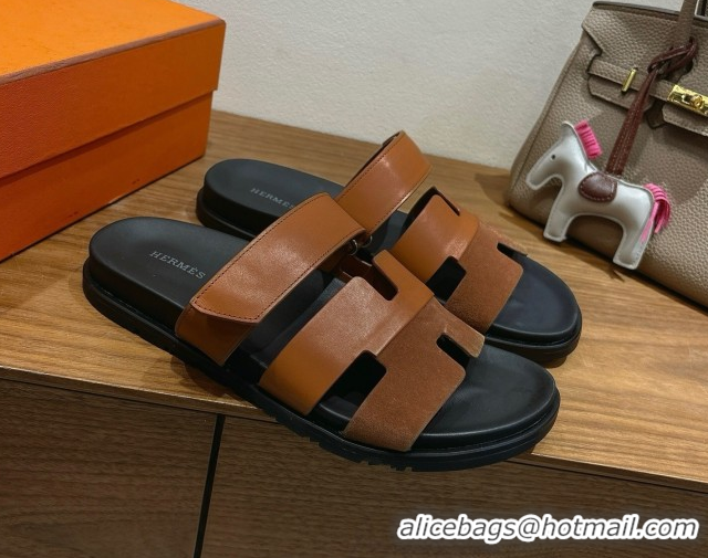Best Quality Hermes Chypre Slide Sandals in Calfskin and Suede Dark/Brown H082008 0820070