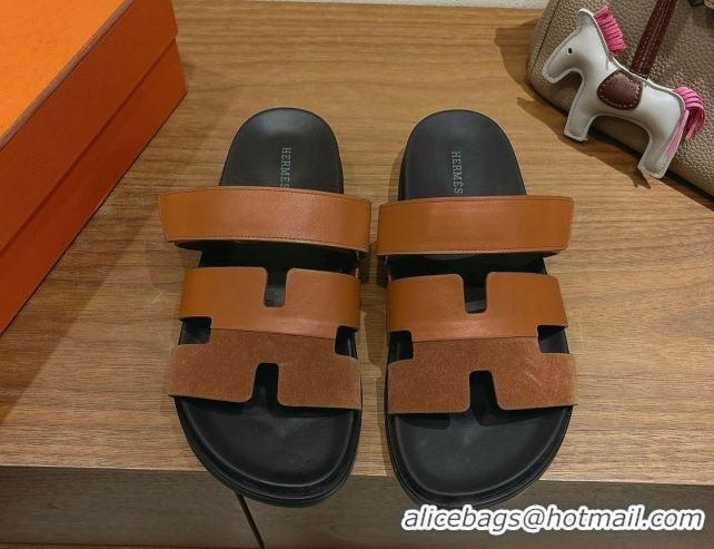 Best Quality Hermes Chypre Slide Sandals in Calfskin and Suede Dark/Brown H082008 0820070