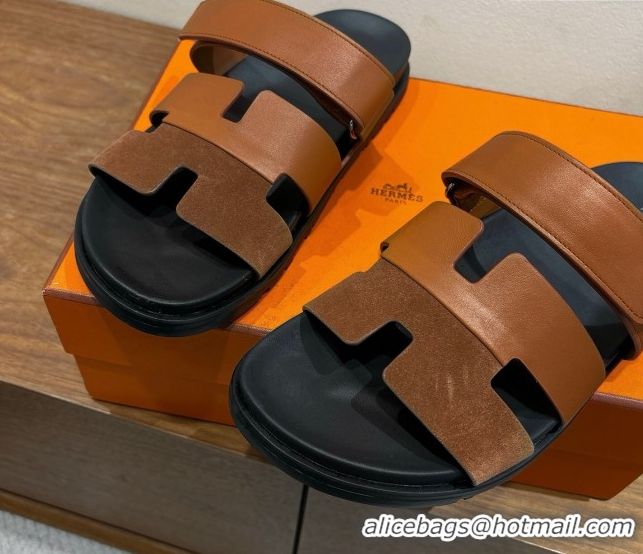 Best Quality Hermes Chypre Slide Sandals in Calfskin and Suede Dark/Brown H082008 0820070