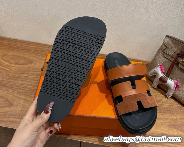 Best Quality Hermes Chypre Slide Sandals in Calfskin and Suede Dark/Brown H082008 0820070