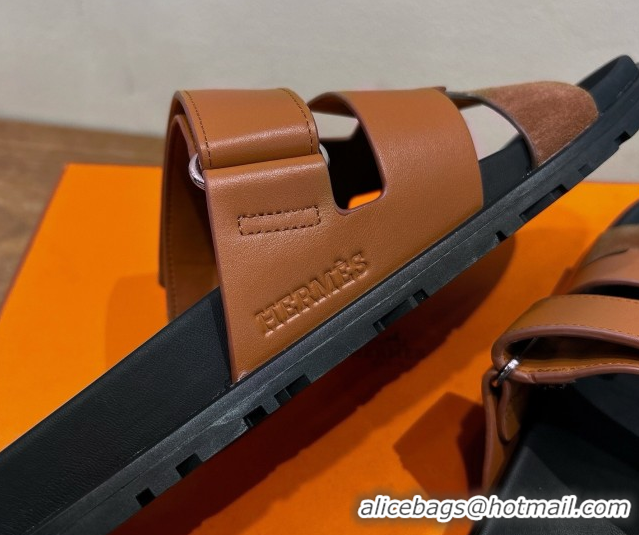 Best Quality Hermes Chypre Slide Sandals in Calfskin and Suede Dark/Brown H082008 0820070