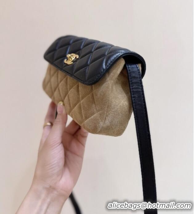 Inexpensive Chanel Suede & Lambskin Phone Holder with Strap AP4677 Beige/Black 2025 Top Quality