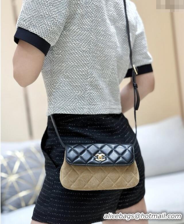 Inexpensive Chanel Suede & Lambskin Phone Holder with Strap AP4677 Beige/Black 2025 Top Quality