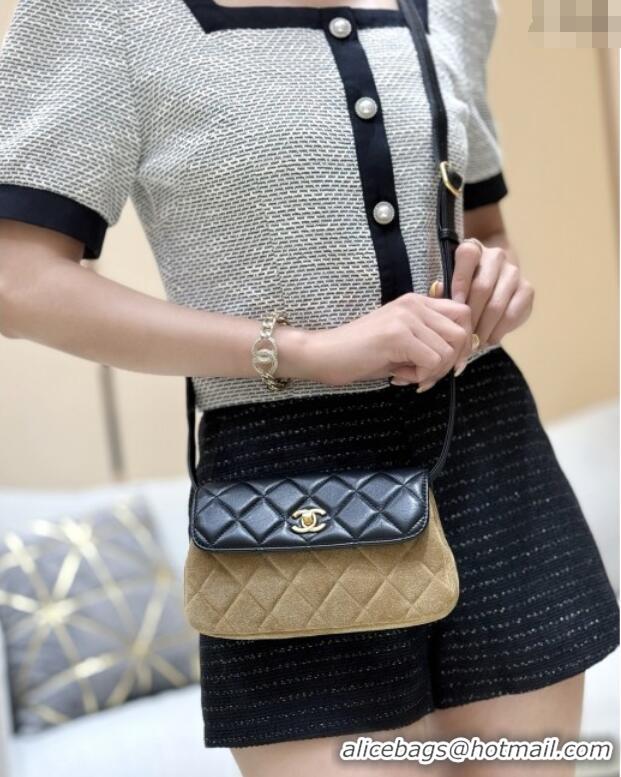 Inexpensive Chanel Suede & Lambskin Phone Holder with Strap AP4677 Beige/Black 2025 Top Quality