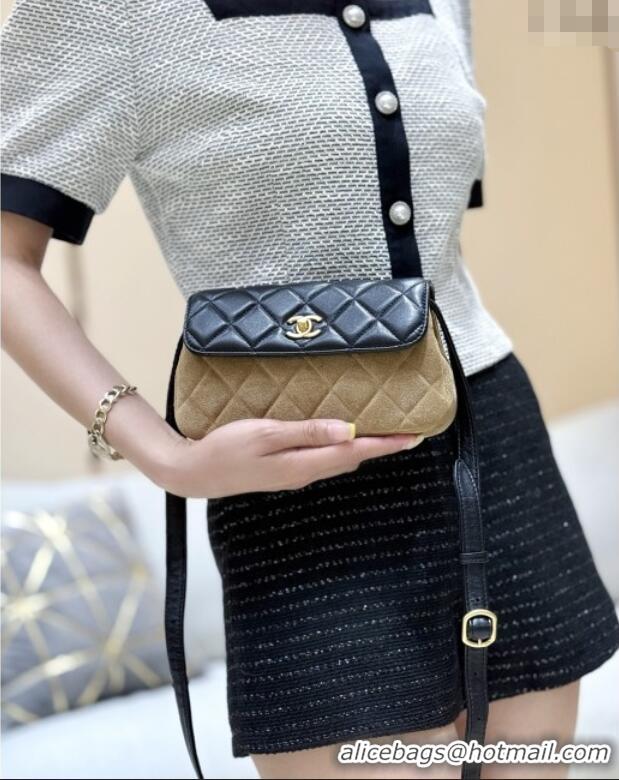 Inexpensive Chanel Suede & Lambskin Phone Holder with Strap AP4677 Beige/Black 2025 Top Quality
