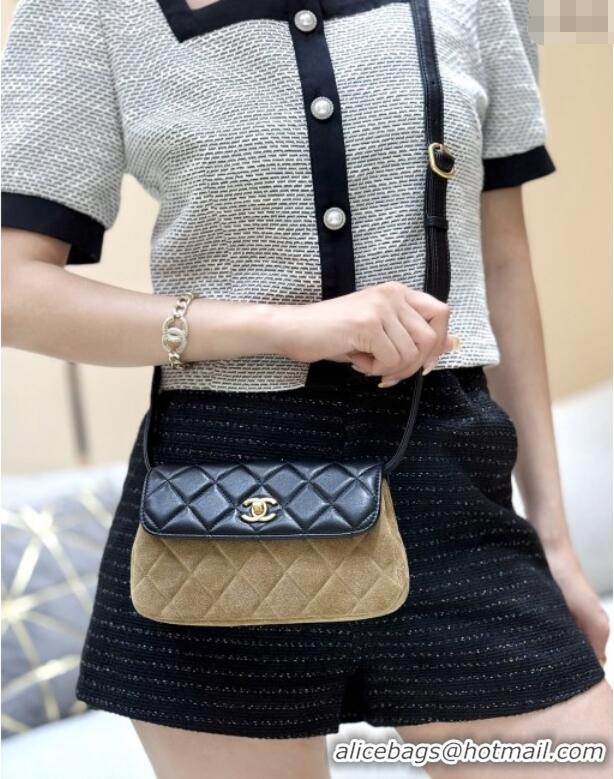 Inexpensive Chanel Suede & Lambskin Phone Holder with Strap AP4677 Beige/Black 2025 Top Quality