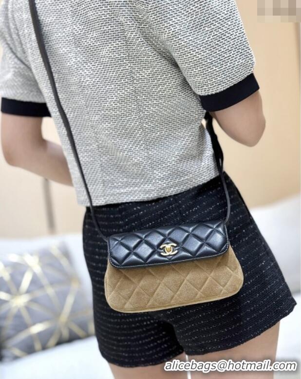 Inexpensive Chanel Suede & Lambskin Phone Holder with Strap AP4677 Beige/Black 2025 Top Quality