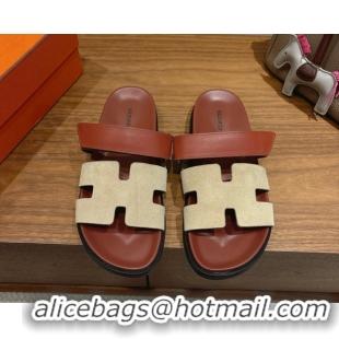 Affordable Price Hermes Chypre Slide Sandals in Calfskin and Suede Grey/Brown 2025 H082008 0820071