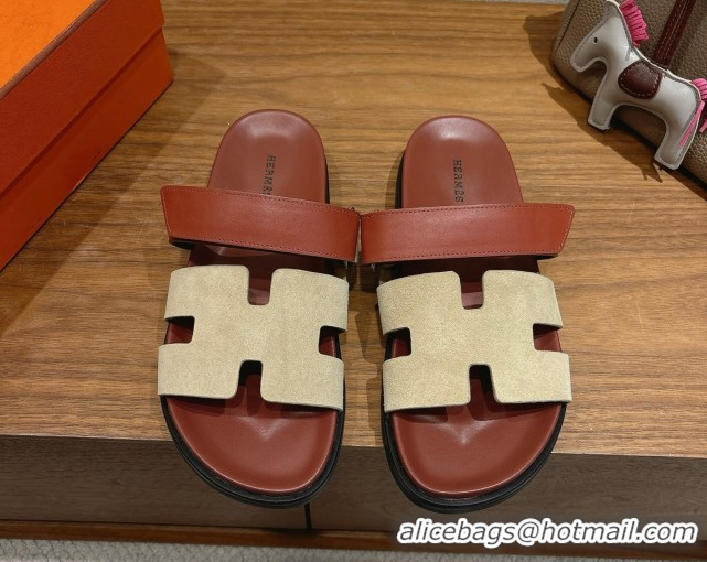 Affordable Price Hermes Chypre Slide Sandals in Calfskin and Suede Grey/Brown 2025 H082008 0820071