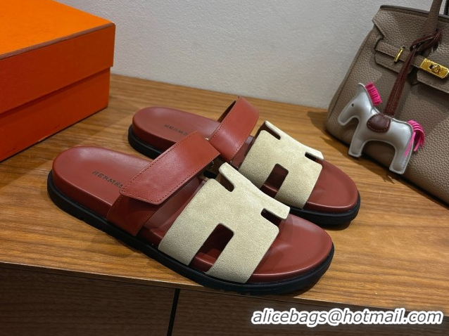 Affordable Price Hermes Chypre Slide Sandals in Calfskin and Suede Grey/Brown 2025 H082008 0820071