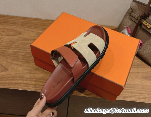 Affordable Price Hermes Chypre Slide Sandals in Calfskin and Suede Grey/Brown 2025 H082008 0820071