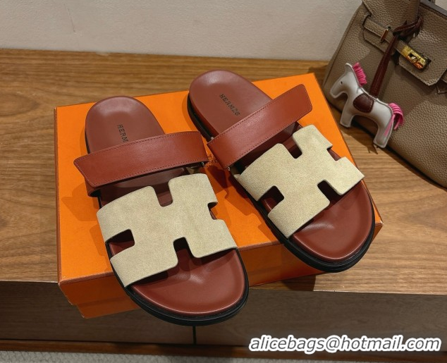 Affordable Price Hermes Chypre Slide Sandals in Calfskin and Suede Grey/Brown 2025 H082008 0820071