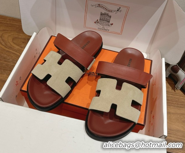 Affordable Price Hermes Chypre Slide Sandals in Calfskin and Suede Grey/Brown 2025 H082008 0820071