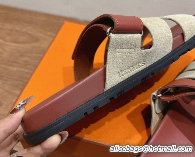 Affordable Price Hermes Chypre Slide Sandals in Calfskin and Suede Grey/Brown 2025 H082008 0820071