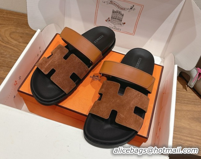 Best Price Hermes Chypre Slide Sandals in Calfskin Suede Tan/Brown 2025 H082008 0820072