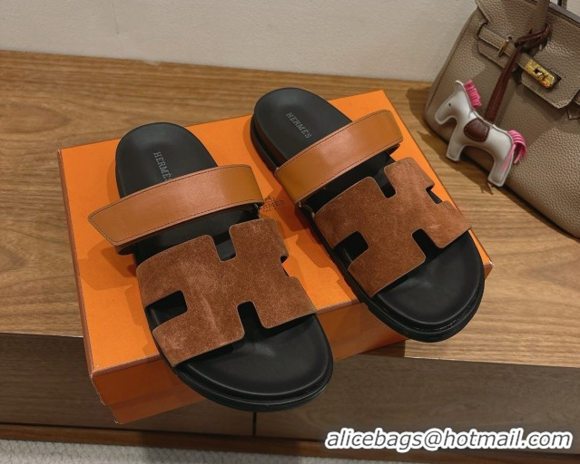 Best Price Hermes Chypre Slide Sandals in Calfskin Suede Tan/Brown 2025 H082008 0820072