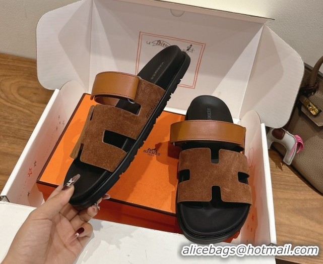 Best Price Hermes Chypre Slide Sandals in Calfskin Suede Tan/Brown 2025 H082008 0820072